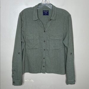 ABERCROMBIE & FITCH Indi Girl Grunge Linen Blend Green Cropped Shirt Large
